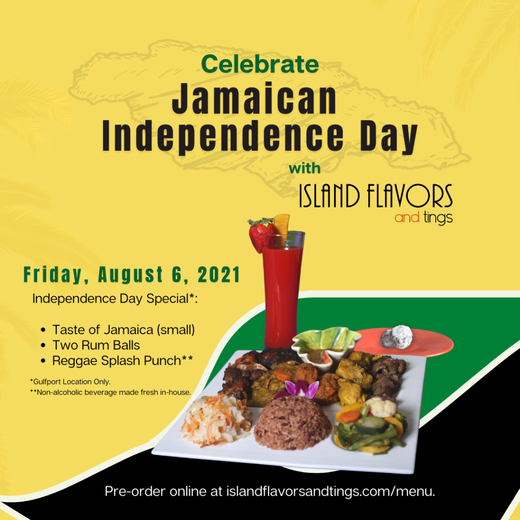 Celebrate Jamaican Independence Day with Island Flavors and Tings August 6 2021 with the Taste of Jamaica, Rum Balls and Reggae Rum Punch as shown in picture with outline of Jamaica