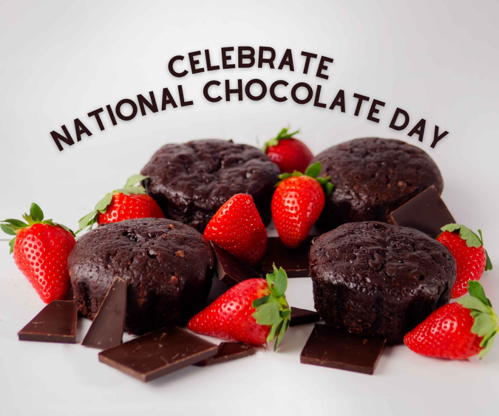 Chocolate muffins surrounded by strawberries and chocolate pieces, with text "National Chocolate Day" above.