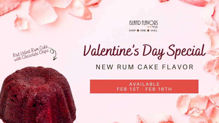 Celebrate Valentine's Day with our special poster showcasing a red velvet rum cake. Dive into the holiday spirit with the announcement of a new rum cake flavor, available from Feb 1st to Feb 16th, all beautifully framed by pink rose petals. Don't miss out; it's pure indulgence in every box!.