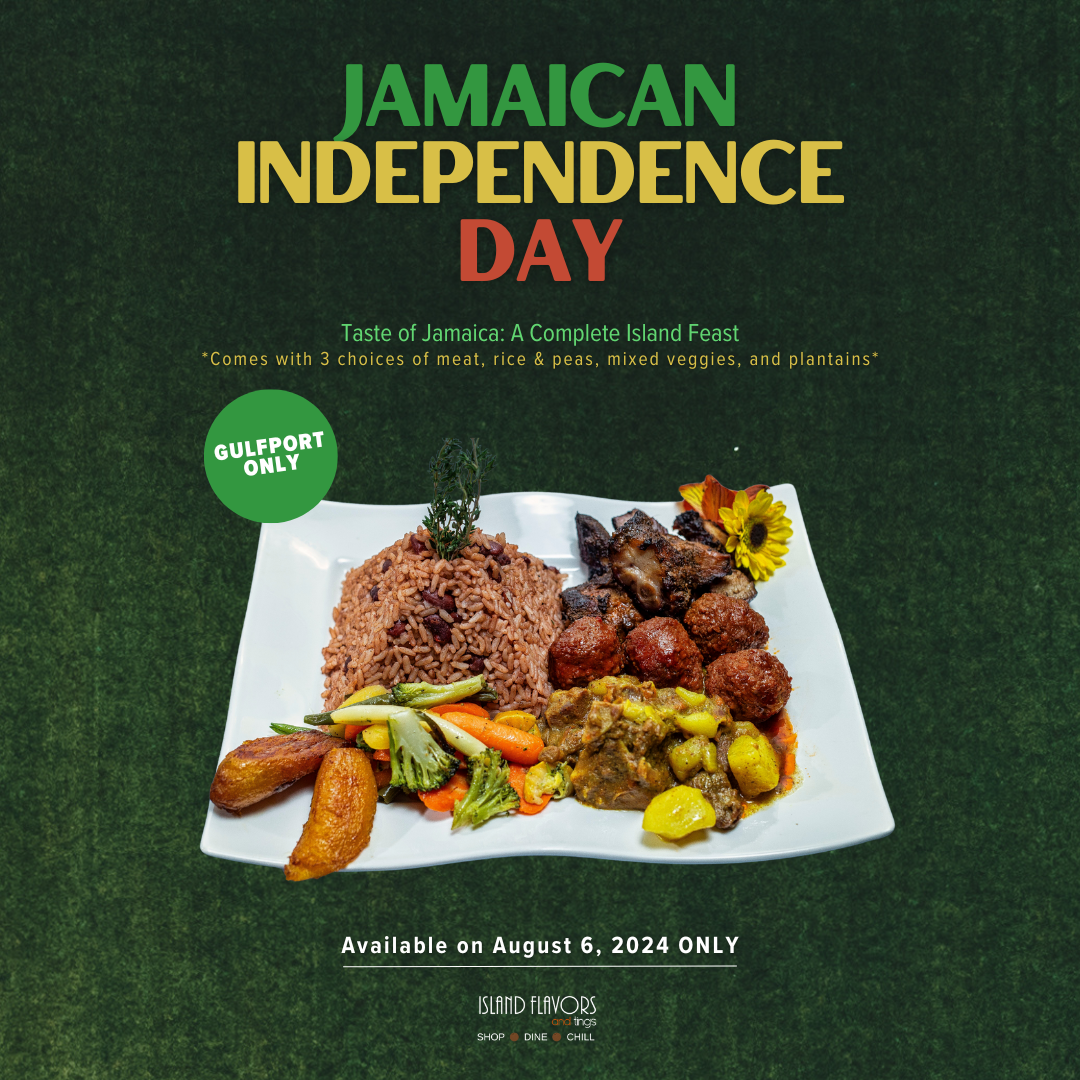A plate with rice and peas, meat, mixed vegetables, and plantains. Text reads "Jamaican Independence Day: Taste of Jamaica - A Complete Island Feast celebrating Jamaican Independence. Available August 6, 2024, ONLY. Gulfport.