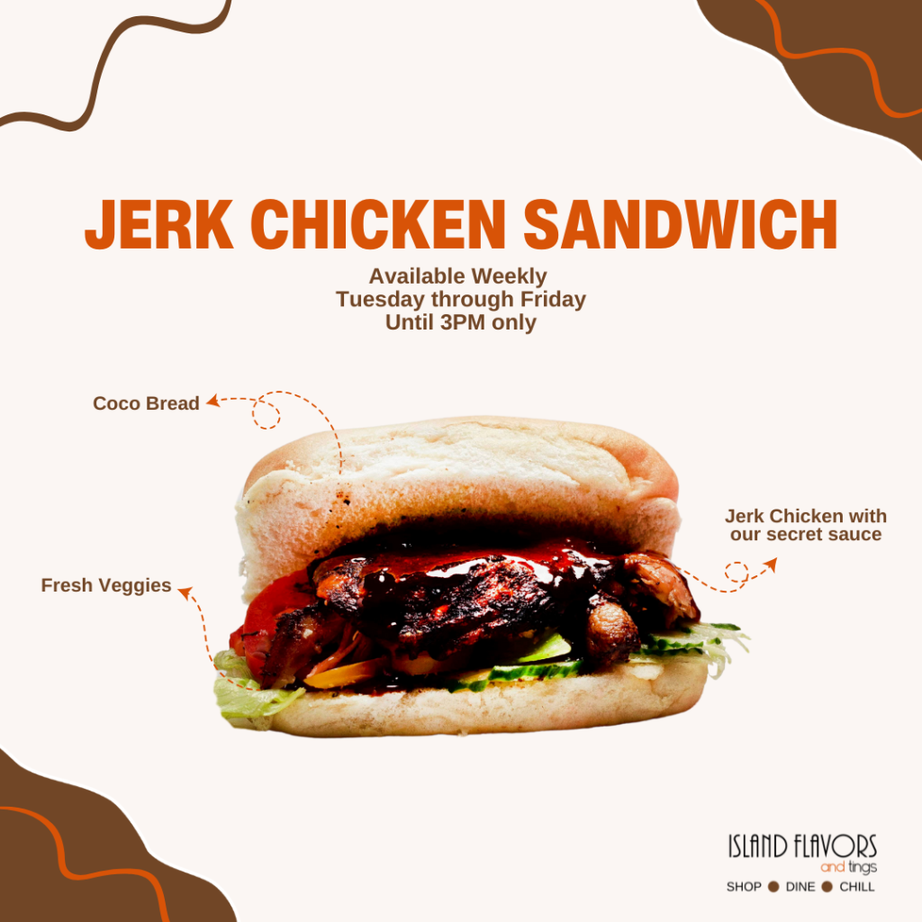 Indulge in the deliciousness of our Jerk Chicken Sandwich, nestled in coco bread with fresh veggies. Savor this Island Flavors and Tings creation, available weekly from Tuesday to Friday until 3 PM.