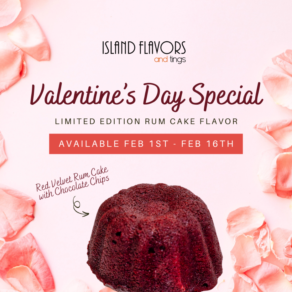 Fall in love this Valentine's Day with our limited edition red velvet rum cake, adorned with chocolate chips and surrounded by pink petals. Available February 1-16.