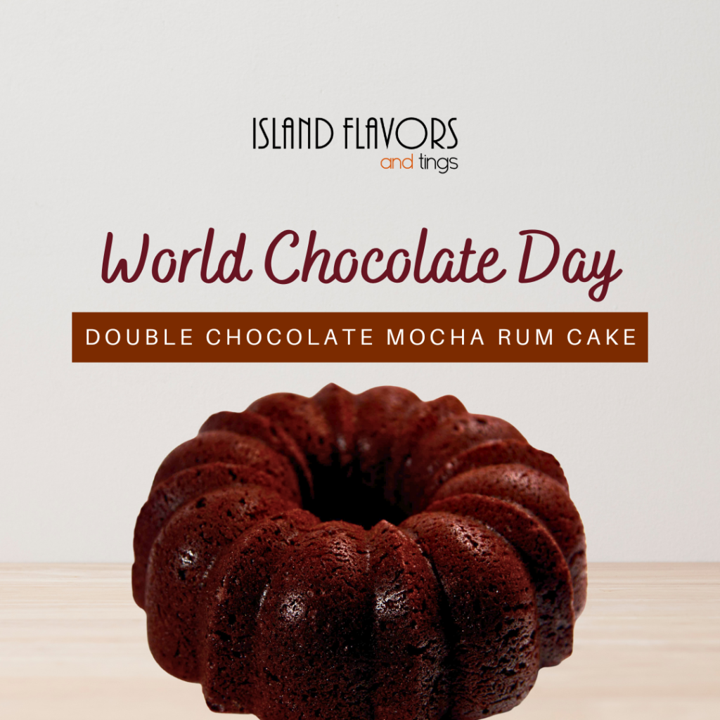 A round double chocolate mocha rum cake sits on a wooden surface with "National Chocolate Day" and the cake name displayed above it.