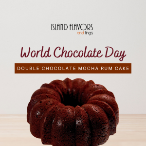 A round double chocolate mocha rum cake sits on a wooden surface with "National Chocolate Day" and the cake name displayed above it.