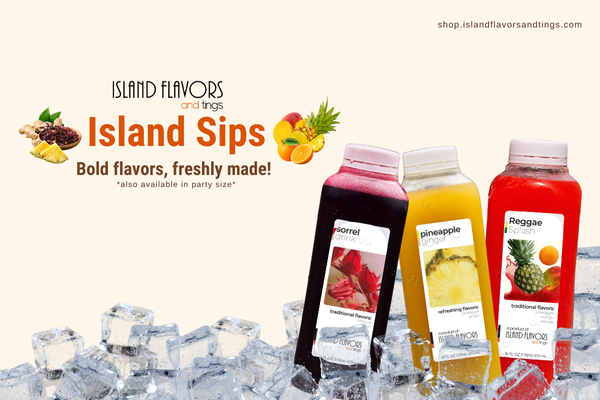 Three bottles of fruit drinks labeled Sorrel, Pineapple, and Reggae Splash sit on ice, inviting you to sip, savor, celebrate bold flavors and freshness from Island Sips—Island Flavors and Tings' easiest way to refresh.