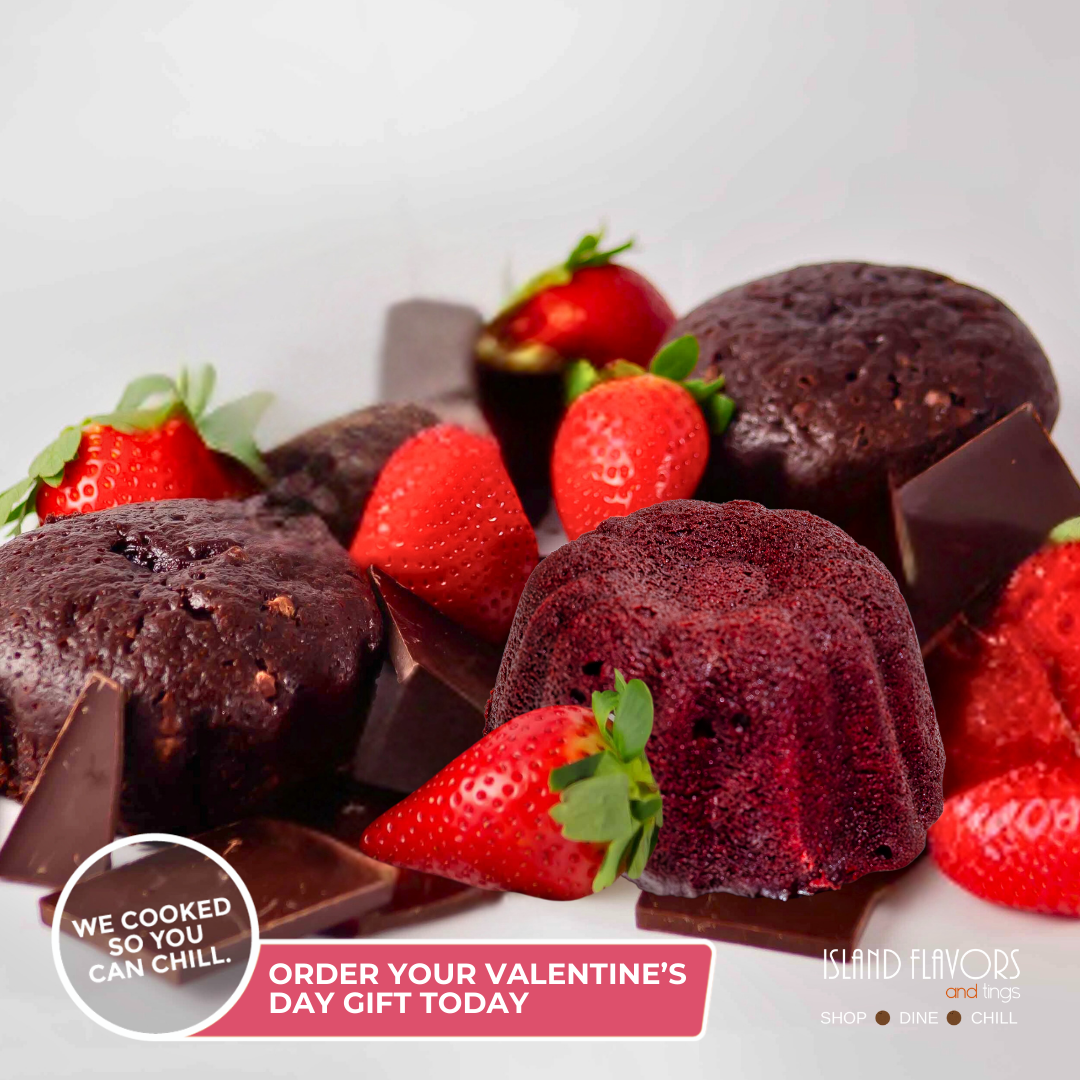 Assorted chocolate and red velvet mini cakes with fresh strawberries and chocolate pieces—perfect for solos and duos, featuring Red Velvet & Double Chocolate Mocha Rum Cakes as a memorable Valentine's Day gift from Island Flavors and Tings.